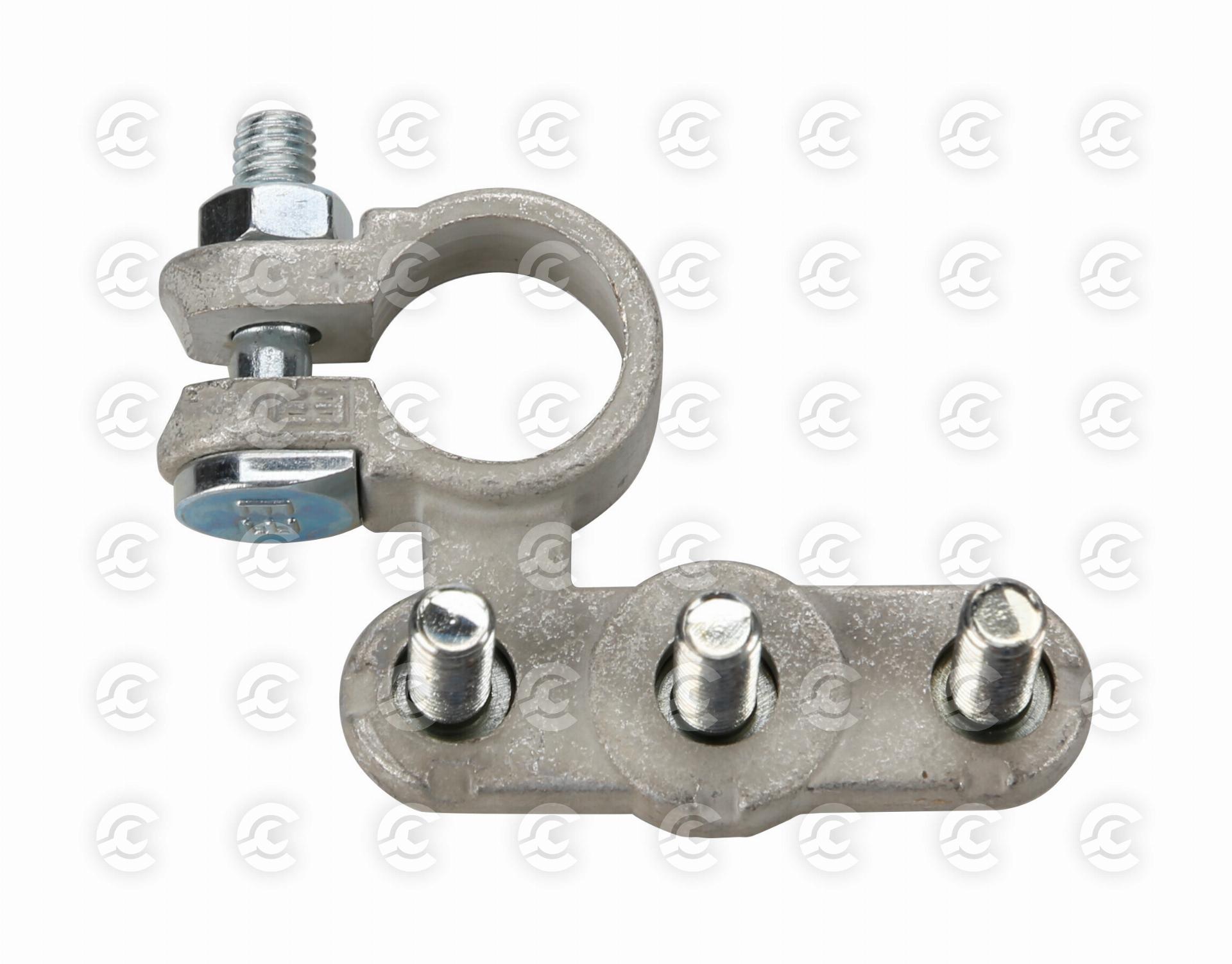 Morsetto batteria zincato; fissaggio cavo a capocorda su vite - foro capocorda Ø 6/6/6 mm - Polo positivo