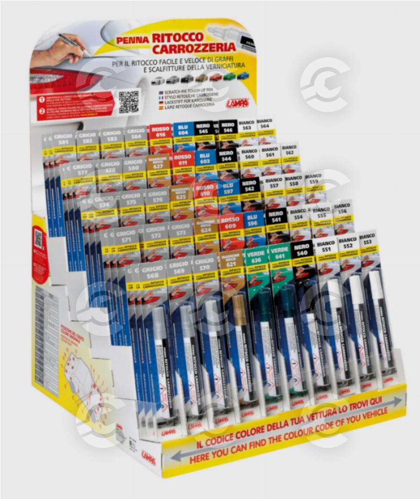 Espositore completo di 150 penne assortite per ritocco carrozzeria - 50 colori